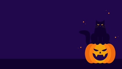 Halloween Cat Sitting On Pumpkin With Copyspace Purple Background Design © Jegos