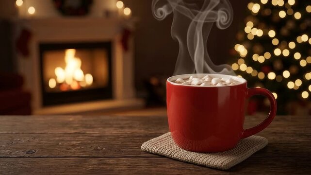 暖炉とイルミネーションが煌めく温かいリビングルームの木製テーブルの上、赤いニットの敷物とクリスマス柄のマグカップに入ったホットココアから立ち上る温かい湯気