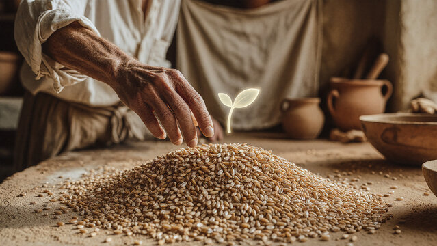 Grain pile sits on a wooden surface as an aged hand reaches toward it near a glowing sprout. Warm side lighting emphasizes the rough skin texture and individual wheat kernel shapes.