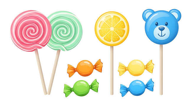 Lollipop Candy Sweet Sugar Confectionery Set of Colorful Cartoon Lollipops and Wrapped Hard Candies Featuring Spiral Patterns a Lemon Slice