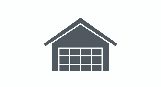 Minimal Gray Garage Building Icon with Grid Panel Door.