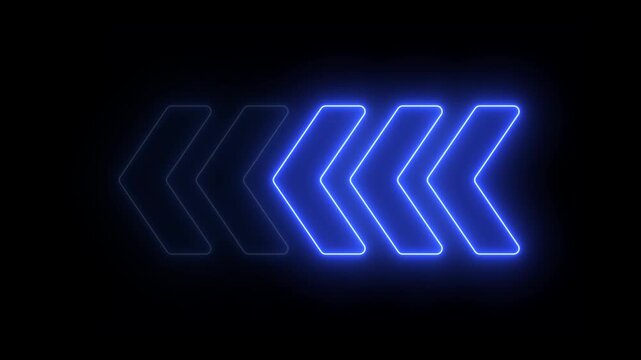Blue Left Pointing Arrows Motion Graphic Animation with Neon Light Effect on Black Background