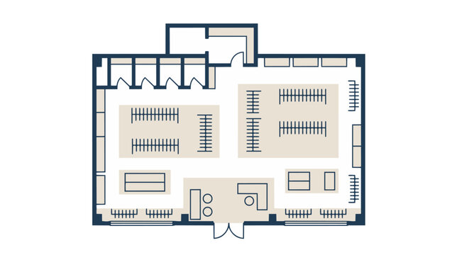 Fashion Boutique Floor Layout with Display Areas and Fitting Rooms
