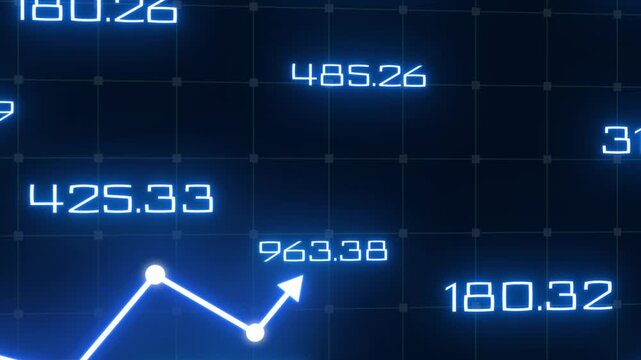 Digital Stock Market Data Animation with Glowing Numbers and Rising Chart