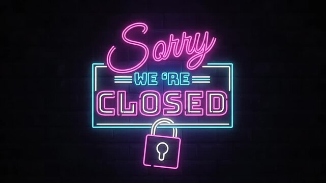 Sorry We're Closed" neon sign for black friday sale discount event. Cyber Monday template with green screen