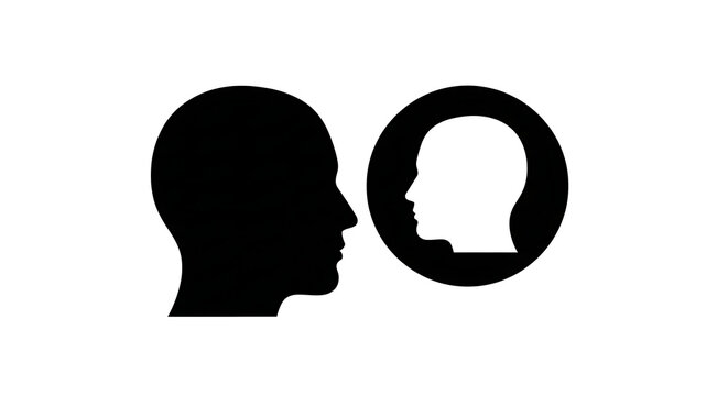 Circle Minimalist Black and White Vector Illustration of a Human Head Silhouette Next to a Circular Frame Containing a Secondary Profile for