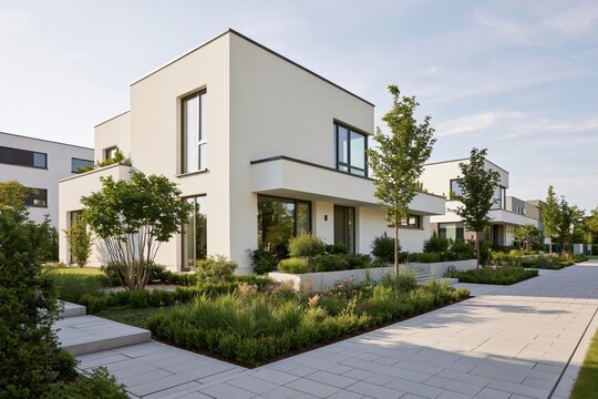 Low three quarter view of a modern white residential building with clean geometric lines dark window frames tall glass panes and minimalist exterior design surrounded by landscaped greenery and paved
