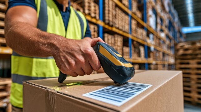 Warehouse worker in high-visibility vest scans a barcode on a box, emphasizing supply chain and logistics.
