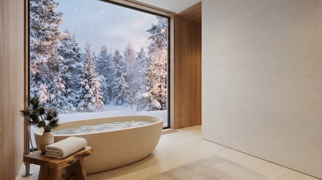 Modern bathroom interior with freestanding tub overlooking snowy forest winter landscape