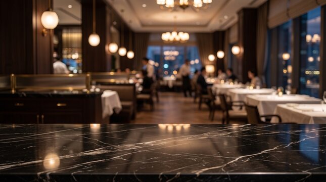 Elegante schwarze Marmorplatte vor luxuri&ouml;sem Restaurantinterieur