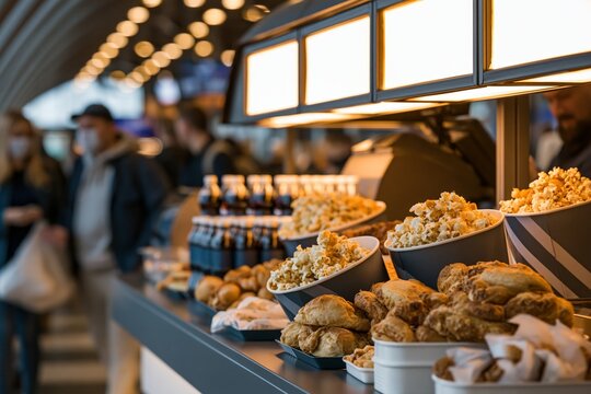 Popcorn in black bowls with striped paper liners and golden baked snacks arranged on a metallic concession counter beneath bright illuminated panels, bottled dark beverages lined up behind