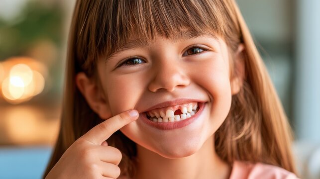 A joyful child proudly shows the gap of a lost tooth, symbolizing growth and childhood milestones, bathed in warm sunlight.