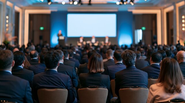Professional business attendees seated in rows facing a conference stage with three panelists and a moderator speaking at podium beneath large presentation screen under elegant architectural lighting
