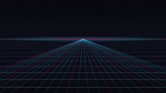 Neon grid horizon retro synthwave seamless loop, 80s retrowave perspective grid glowing over dark landscape