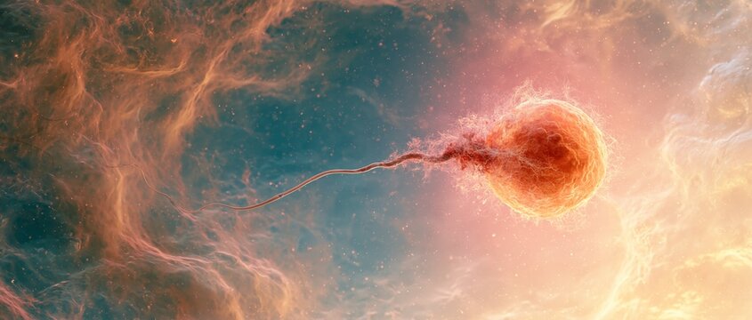 Microscopic view of a male sperm cell with long slender tail approaching a female egg surrounded by glowing orange and blue nebula like textures under soft directional light