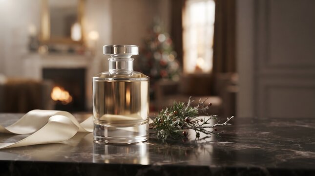Elegant perfume bottle with ribbon and evergreen sprig on marble surface during the holidays