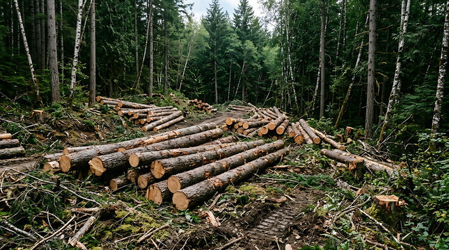 Freshly Cut Logs in Forest Environment.