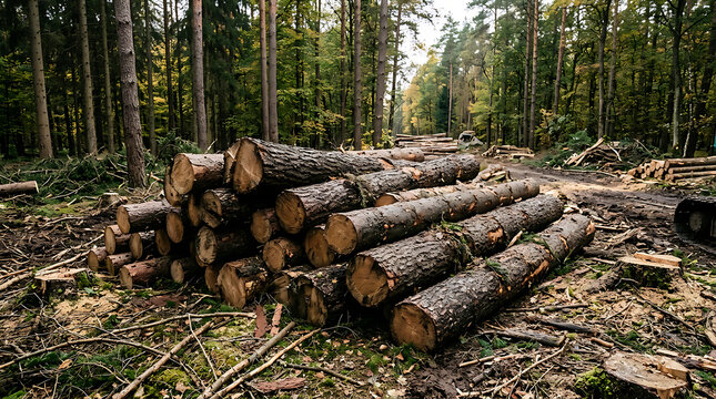 Freshly Cut Logs Stacked in Forest.