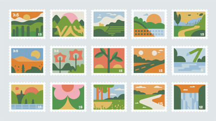 Fototapeta premium Vector set of retro minimalist postage stamps with abstract nature landscapes