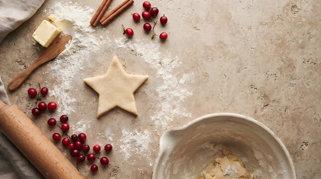 Baking ingredients with star shaped cookie and red currants on a beige surface