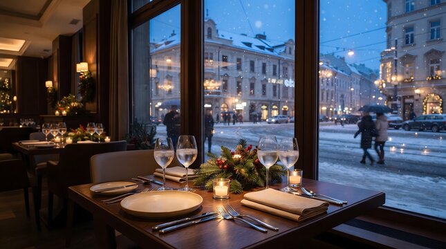 Cozy restaurant interior with winter cityscape view through large windows during snowfall