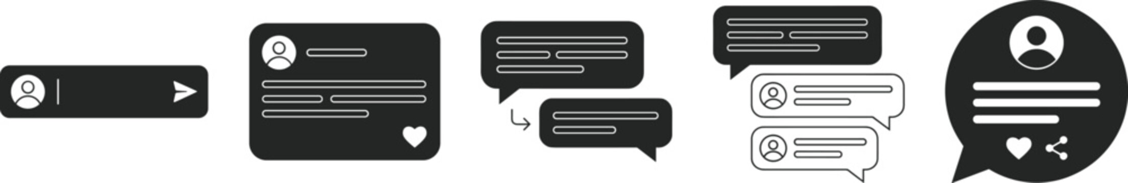 Social Media Chat Bubble Icon Set with User Comments, Message Threads, Input Fields, and Heart Engagement Elements