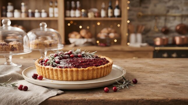 Festive cranberry pie with rosemary garnish on wooden table in cozy kitchen setting