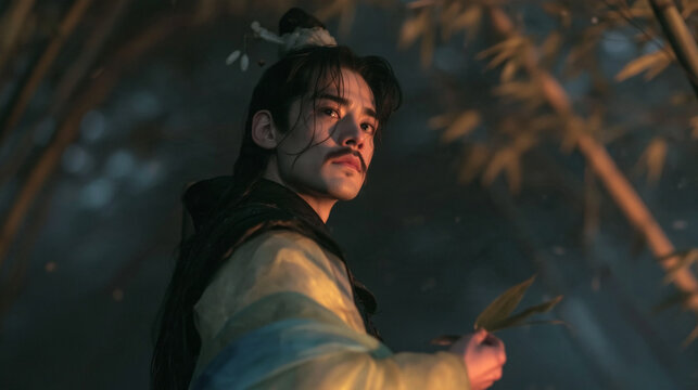 Portrait of a handsome man in classical oriental attire gazing into distant mountain landscape