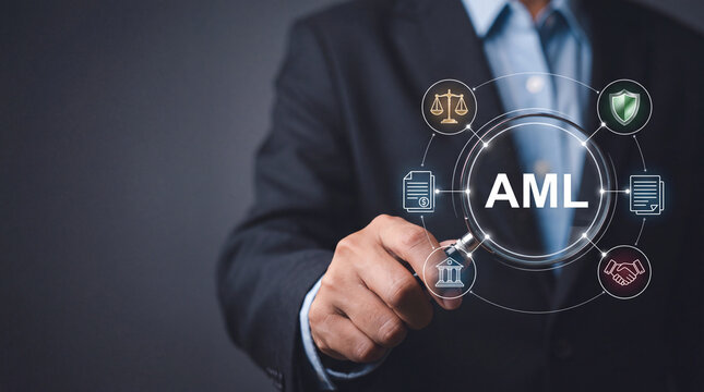 Anti-Money Laundering AML concept with businessman holding magnifying glass for financial investigation, regulatory compliance, risk management, and legal fraud prevention in the banking industry.