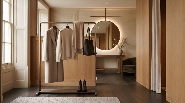 Minimalist clothing rack with neutral toned garments in a bright and airy hallway