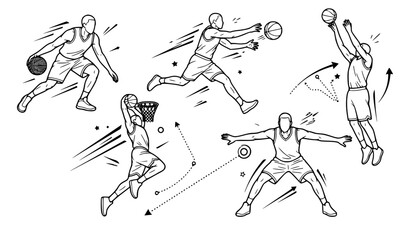 Basketball Player Action Line Art Vector Set - Dribbling, Shooting, Dunking, and Defense Poses © MdSobuj