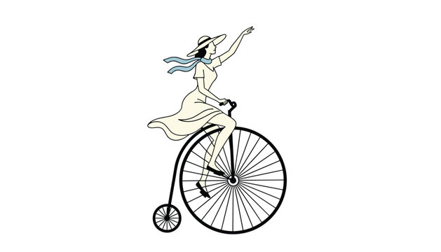 Elegant vintage woman in a flowing cream dress and sun hat riding a classic penny farthing bicycle on white background.