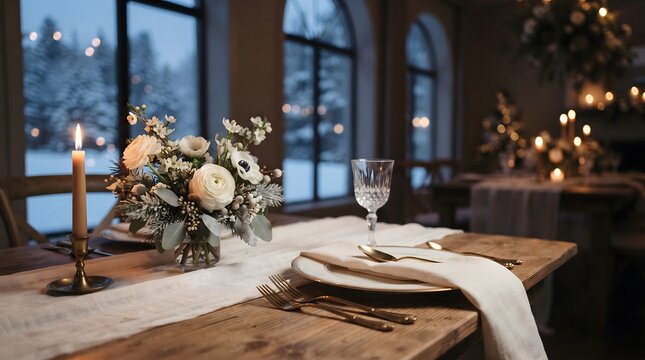 Elegant winter table setting with floral arrangement and candlelight by a snowy window