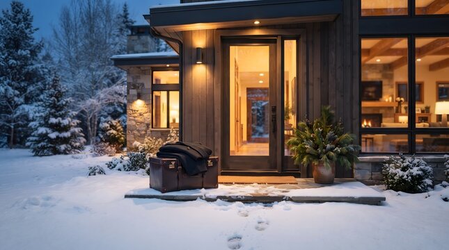 Welcoming front door of a modern home in winter with snow and cozy exterior details