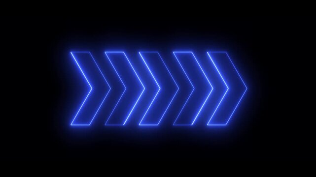 Glowing Blue Neon Right Pointing Chevron Arrows Motion Graphic Animation with Futuristic Light Effect on Black Background