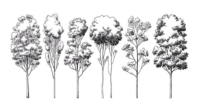 Set of stylish young trees in elevation view for use in architectural drawings 