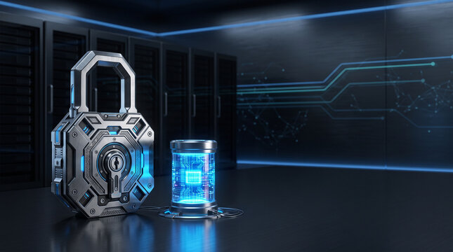 Heavy cyber padlock with glowing blue battery cylinder in secure server datacenter room.