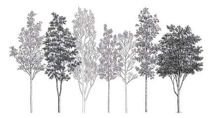 Obraz premium Set of stylish young trees in elevation view for use in architectural drawings 