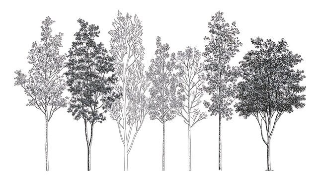 Set of stylish young trees in elevation view for use in architectural drawings 