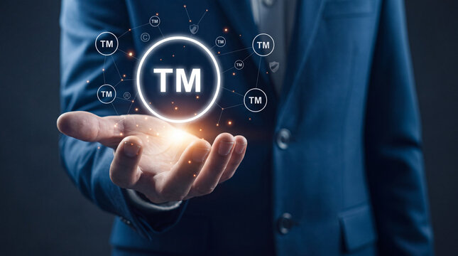 Businessman Holding Glowing Trademark Symbols in Hand Representing Intellectual Property Rights, Brand Protection, Copyright Law, and Legal Registration Concept for Global Business Identity