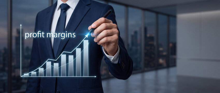 Businessman in Formal Suit Pointing at a Glowing Rising Bar Graph with Profit Margins Text Over a Blurred City Background, Representing Financial Growth, Success, and Corporate Analytics Concept