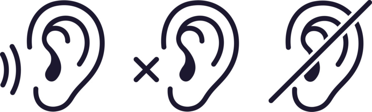 Ear, deaf and hard of hearing line icon set. Hearing disability and accessibility pictogram. Simple, minimal black and white outline vector illustration.