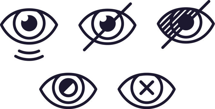 Eye, blindness and vision impairment line icon set. Disability and accessibility pictogram. Simple, minimal black and white outline vector illustration.
