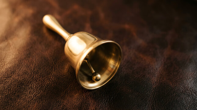 Polished brass hand bell sitting on a textured dark brown leather surface