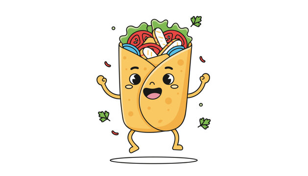 Happy mexican burrito or shawarma wrap cartoon character jumping with excitement on a white background.
