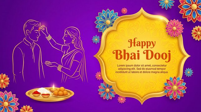 Happy Bhai Dooj Greeting Template with Decorative Ornaments, Bhai Tika, Indian Religious Festival Bhai Dooj Wishes Background