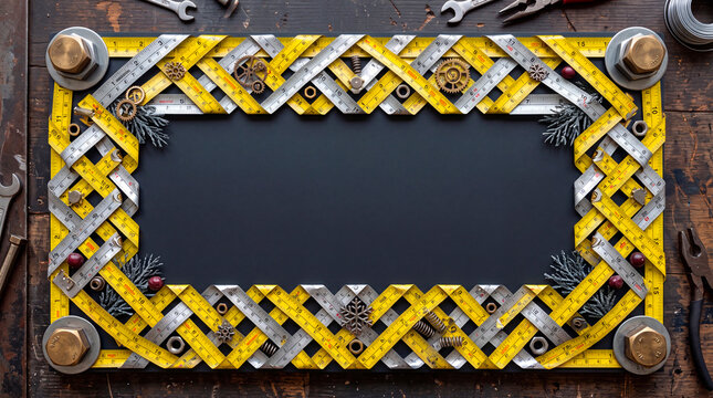 Industrial holiday border made with yellow steel measuring tapes in an empty space
