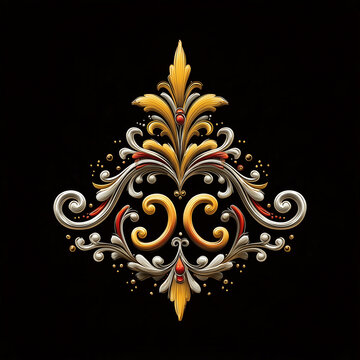 Ornate golden floral design with red accents on a black background  