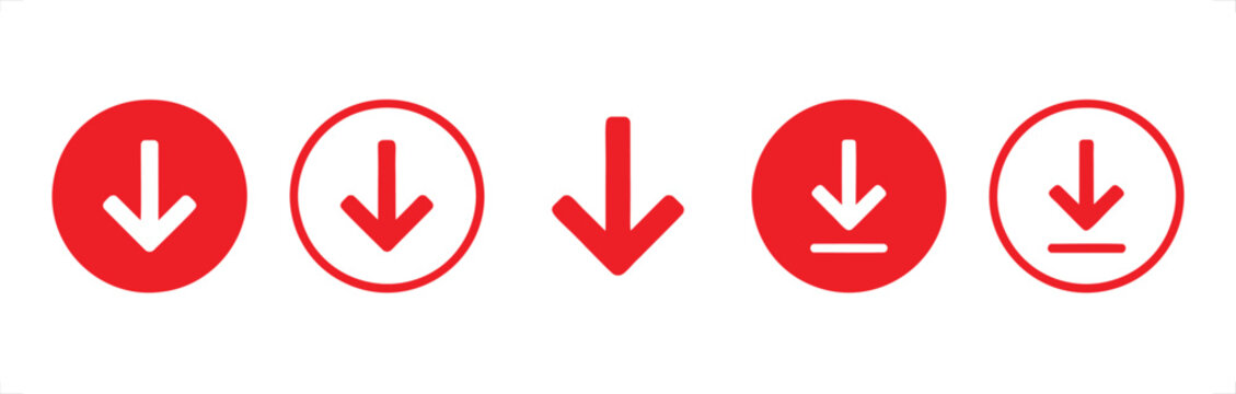 Red download arrow icon set, 5 minimalist circular web buttons and symbols, flat vector directional sign collection for interface design