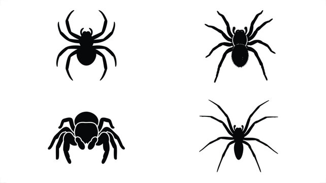 Black spider silhouette collection, set of 4 arachnid icons in EPS format, minimalist tarantula and house spider vector graphics for Halloween decor